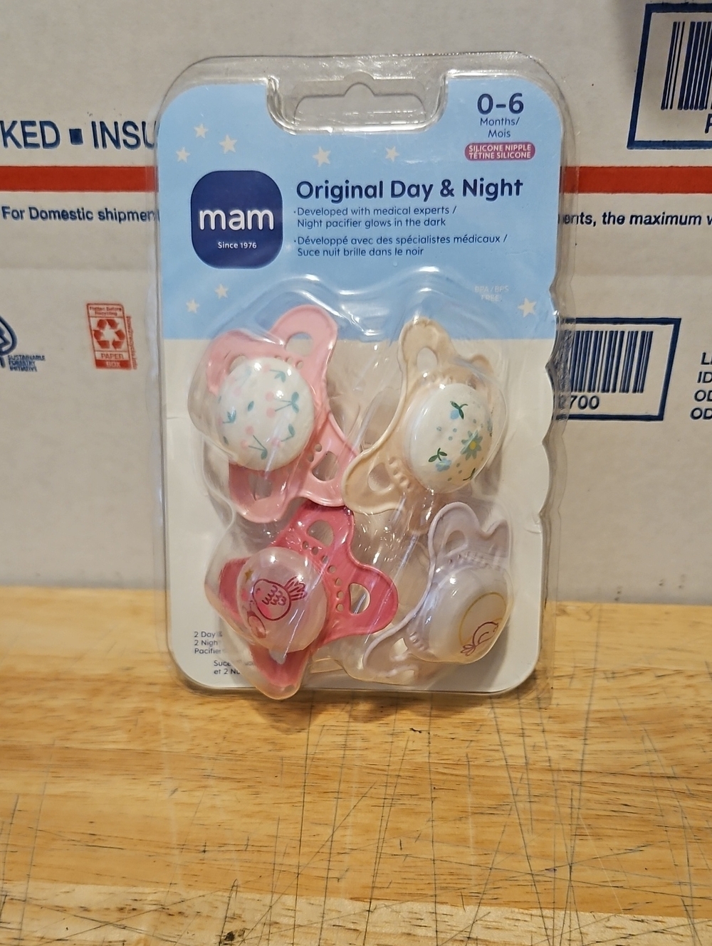 mam Original Day & Night Pacifier Set for 0-6 Months - Pink, Beige, Light Purple
